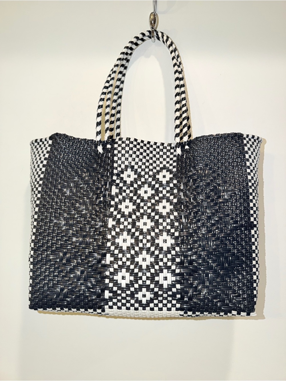 Handwoven Oaxaca Black & White Mexican Plastic Tote Bag